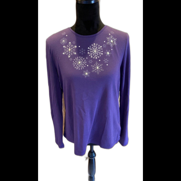 croft and barrow Purple Large T Shirt Top w/Glittery Holiday Snowflakes Stretchy - Picture 2 of 6